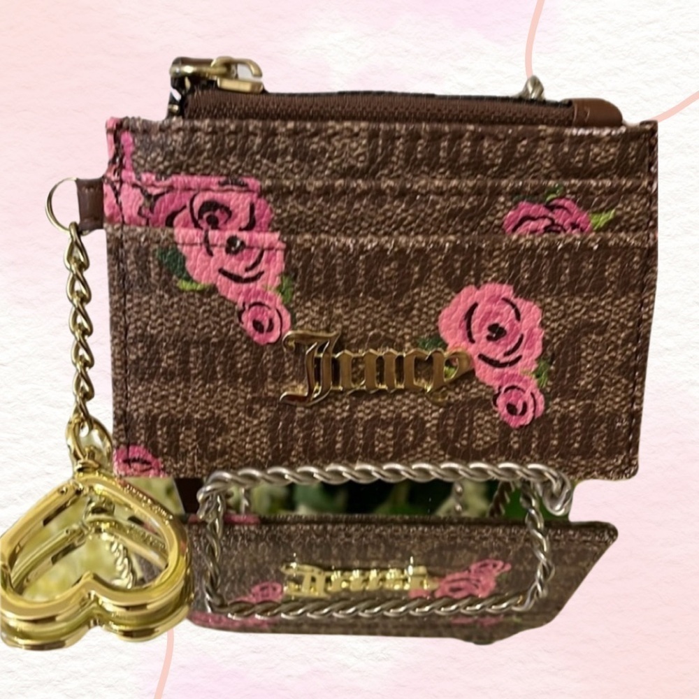 Juicy Couture Floral Painted Keychain Card Case w/Coin Zip Compartment